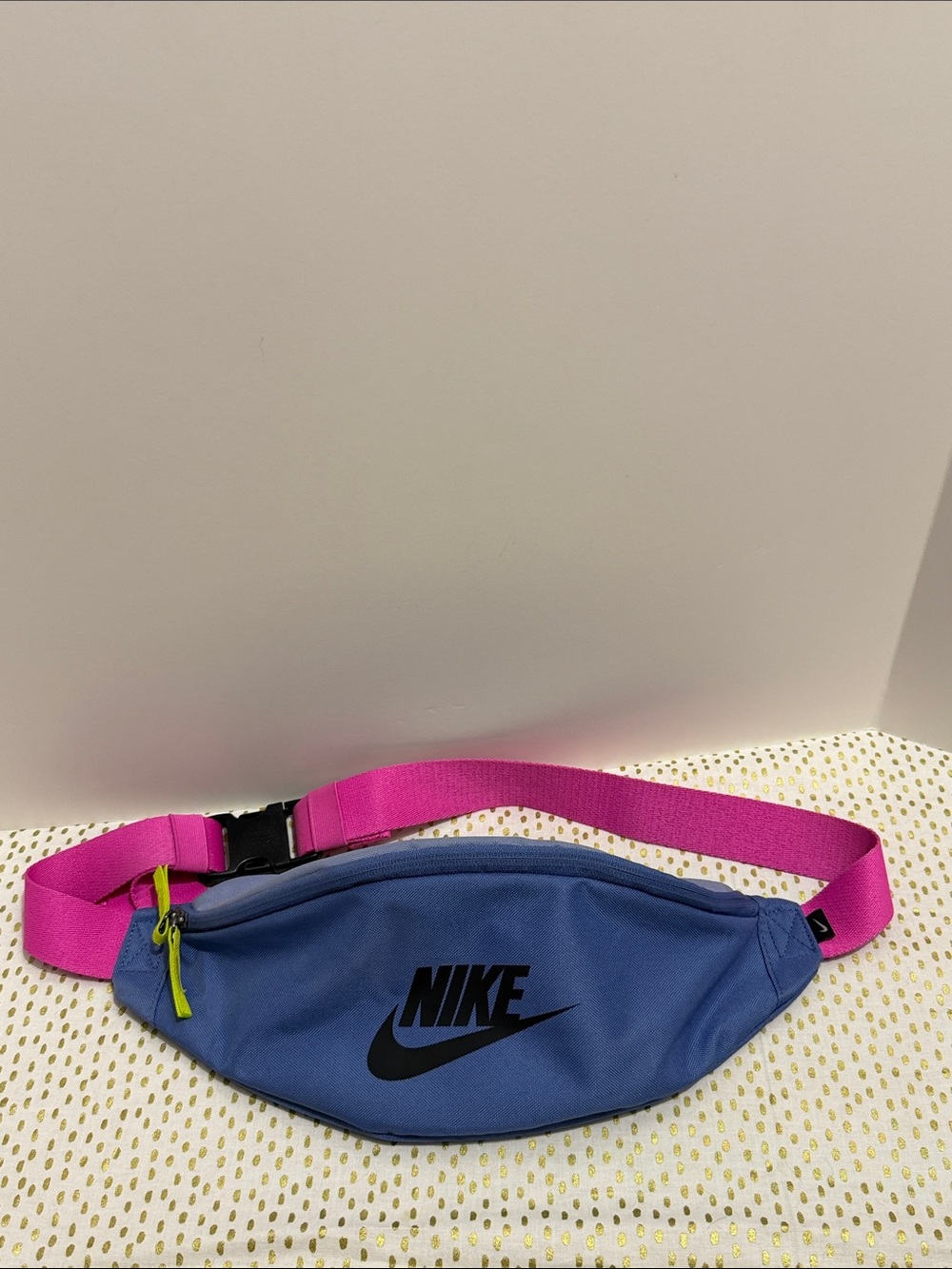 Nike Blue Fanny Pack with Pink Strap and Yellow Pull